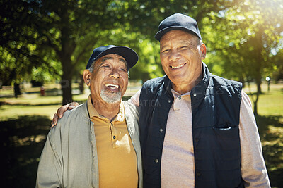 Buy stock photo Portrait, smile and senior friends at park outdoor, bonding and having fun together. Face, happy elderly men in garden and funny people laughing at comedy, excited and hug for retirement in nature