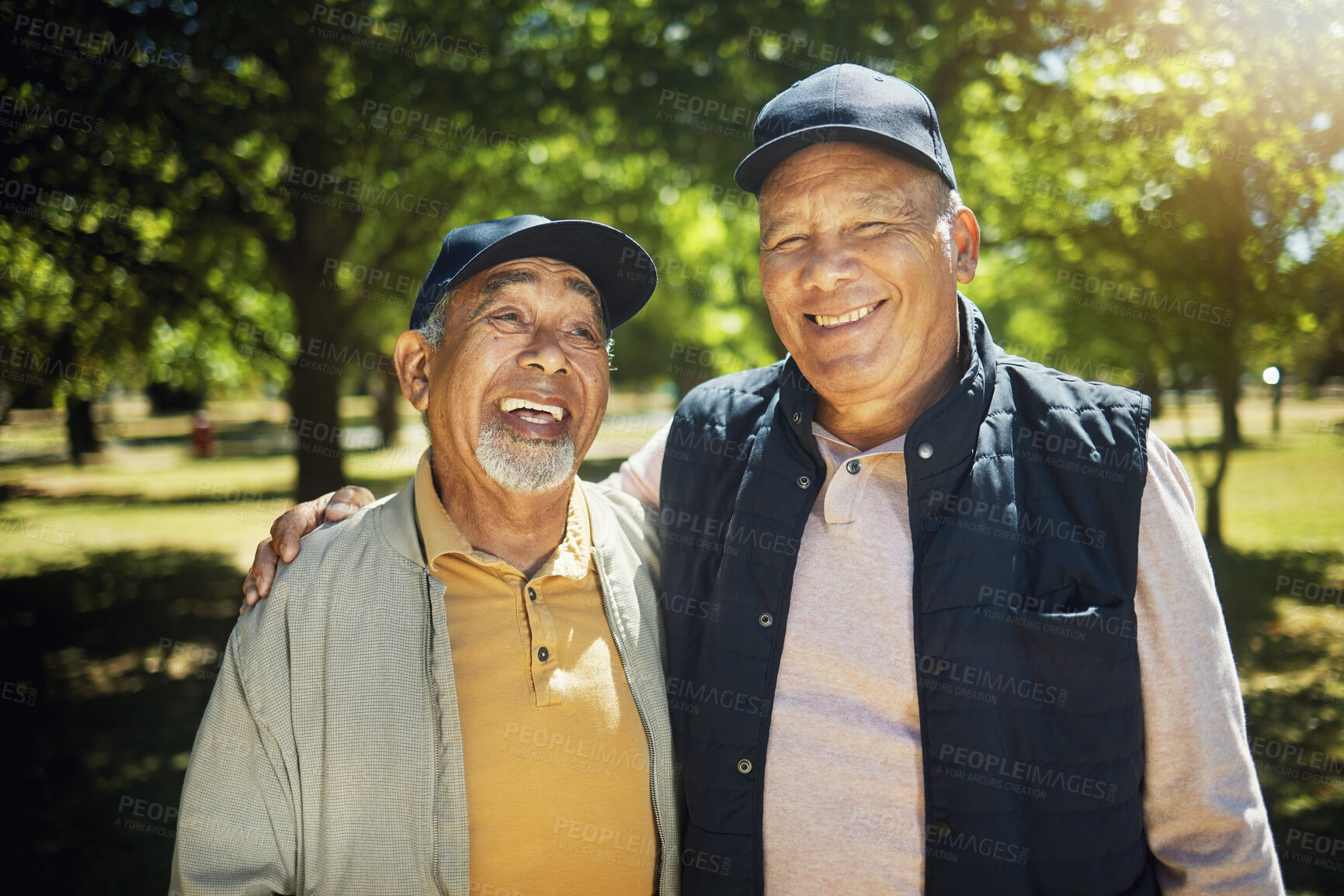 Buy stock photo Portrait, smile and senior friends at park outdoor, bonding and having fun together. Face, happy elderly men in garden and funny people laughing at comedy, excited and hug for retirement in nature