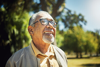 Buy stock photo Happy, thinking and senior man in park, nature and outdoor adventure in retirement, holiday or vacation in sunshine. Elderly person, happiness and smile in summer, forest or woods with wellness