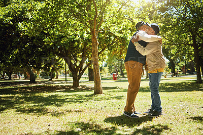 Buy stock photo Mature, men and hug on retirement in park for banner with copy space. Elderly, people or friends in nature, trees or garden for nursing home, vacation or holiday for relaxing, rehabilitation or fun