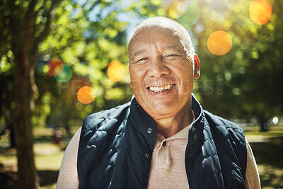 Buy stock photo Happy, portrait and senior man with bokeh in a park, forest or woods with freedom, good mood or positive mindset. Smile, face and elderly male person enjoy retirement in nature with morning fresh air