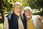 Portrait, smile and elderly friends at park outdoor, bonding for support together and care. Face, happy senior men in garden and funny people laugh at comedy, excited and hug for retirement in nature