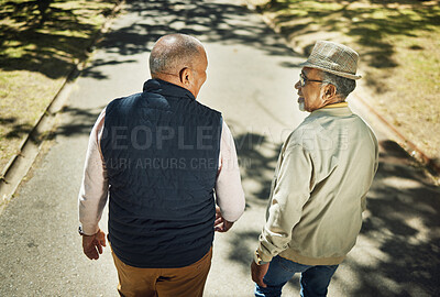 Buy stock photo Senior, friends talking and walking in park, nature and outdoor in retirement with support and communication. Elderly, men and above people on sidewalk in New York with conversation and community