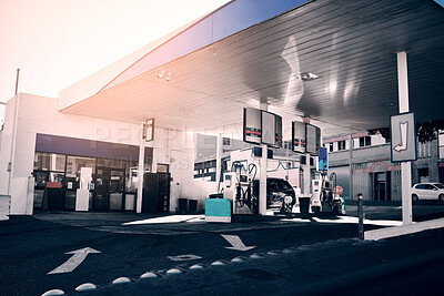 Buy stock photo Gas station, cars and fuel for travel or transportation, auto stop and diesel service. Morning, road and and an area for gasoline for transport, oil change or a store for traveling inspection