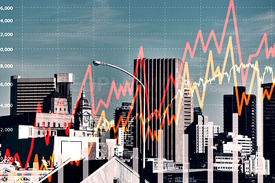 Buy stock photo City background, graphs or overlay with trading, fintech or stocks with investment with profit. Town, buildings or inflation with money, investment or trading with finance, economy and corporate deal