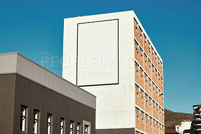 Buy stock photo Building, city with mockup space and billboard for advertising, commercial product or logo. Empty poster for brand marketing, multimedia and communication with announcement, urban and banner outdoor