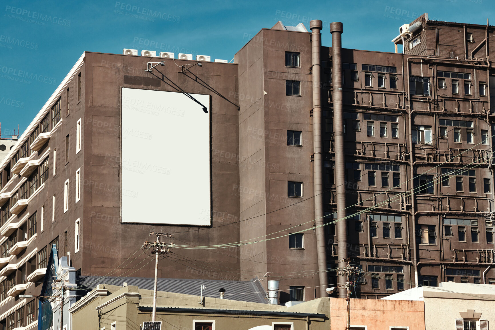 Buy stock photo Building, mockup space and advertising billboard, commercial product or logo design in city. Empty poster for brand marketing, multimedia and communication with announcement, urban and banner outdoor