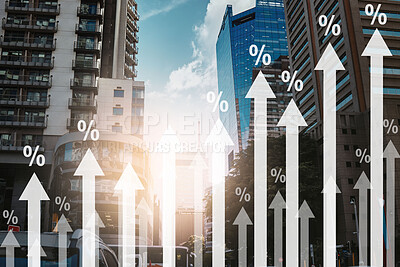 Buy stock photo Chart, finance and overlay on buildings, increase and inflation with cost of living crisis with stats, numbers or traffic. Graph, arrow and percentage for economy data, growth or gdp in Cape Town cbd