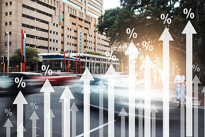 Buy stock photo Chart, finance and overlay in city, increase and inflation with cost of living crisis with stats, numbers and motion blur. Graph, arrow and percentage for economy, growth and gdp in Cape Town cbd