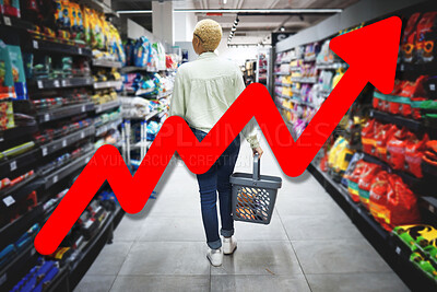 Buy stock photo Chart, double exposure and supermarket for inflation, economy and increase in cost of living crisis. Woman, budget and arrow for choice, statistics and negative gdp growth in shopping mall for food