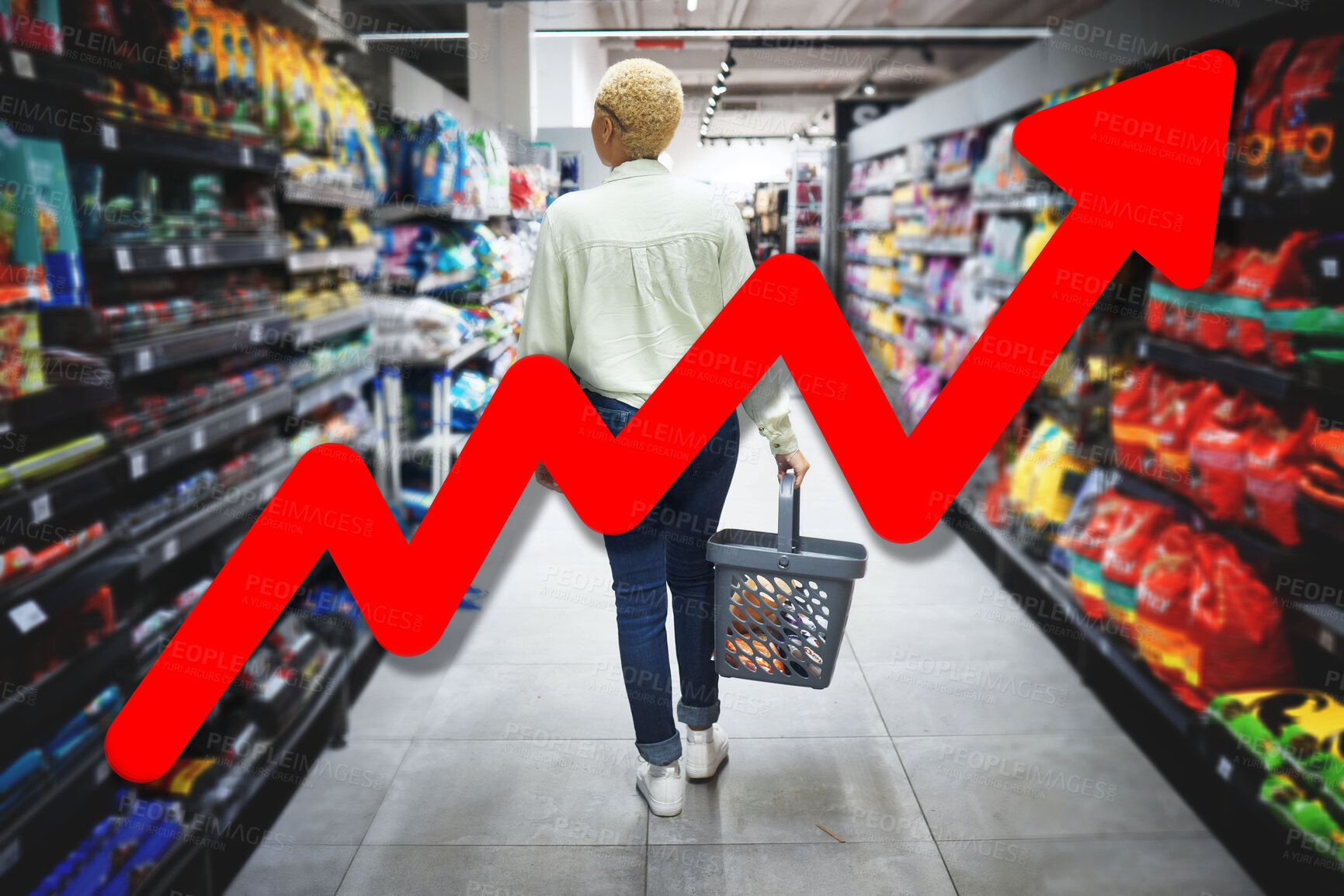 Buy stock photo Chart, double exposure and supermarket for inflation, economy and increase in cost of living crisis. Woman, budget and arrow for choice, statistics and negative gdp growth in shopping mall for food