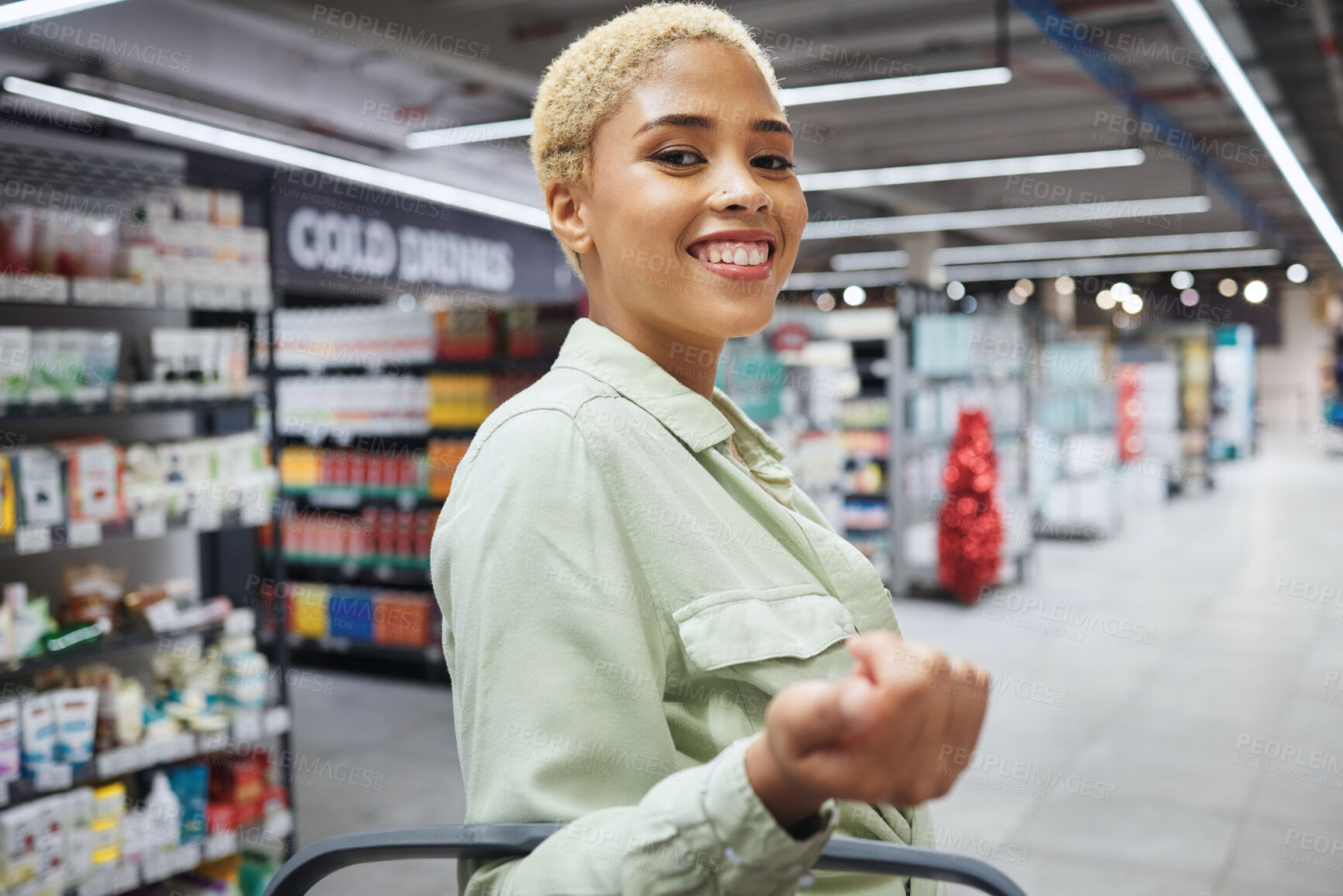 Buy stock photo Portrait, smile and woman grocery shopping in retail, supermarket and convenience store for drink. Groceries, market and face of happy African customer in shop for wholesale, sales deal and discount