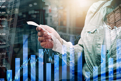 Buy stock photo Inflation, woman and statistics with price increase by overlay for abstract, chart or shopping slip. Female, groceries and budget with savings, cost of living and less money for food or products 