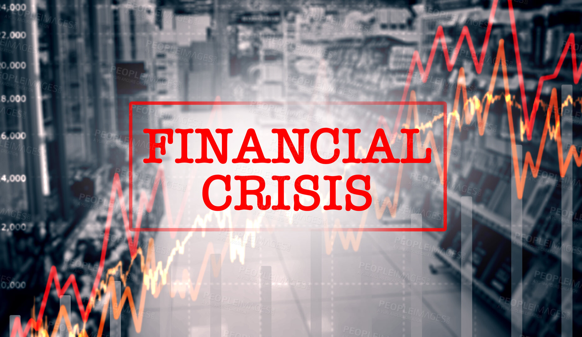 Buy stock photo Financial crisis, graphs and statistics of economy, inflation of money and increase in price, cost and overlay. Chart, analytics and recession for finance data, fail of stock market and trading risk