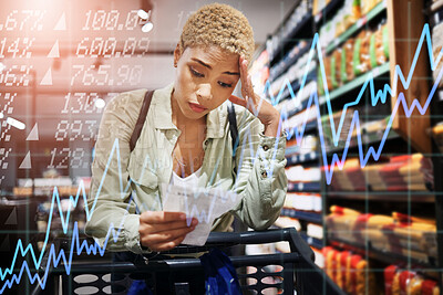 Buy stock photo Woman, grocery shopping and stress with receipt for price increase, budget mistake or financial crisis by shelf. African customer in store or supermarket with headache, food cost or inflation overlay