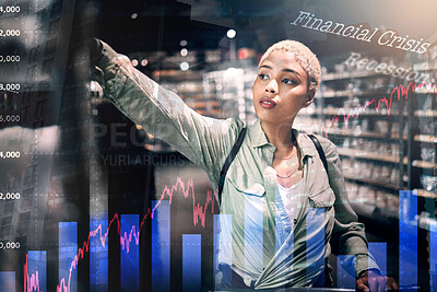 Buy stock photo Inflation, woman and statistics in supermarket with overlay for price increase, crisis and food impact. Recession, lady and shopping in store with budget, cost of living and less money for groceries