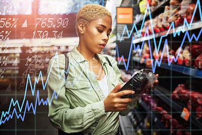 Buy stock photo Woman, grocery store and shopping with price discount, sale and and graphs overlay of wholesale and fruits. African customer check cost, retail and food choice at convenience store or supermarket