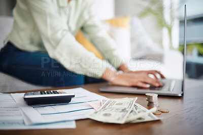 Buy stock photo Laptop, money and calculator with hands for home budget, financial planning and salary, rent cost or loan research. Person typing on computer and sofa with cash and documents, mortgage or bills 