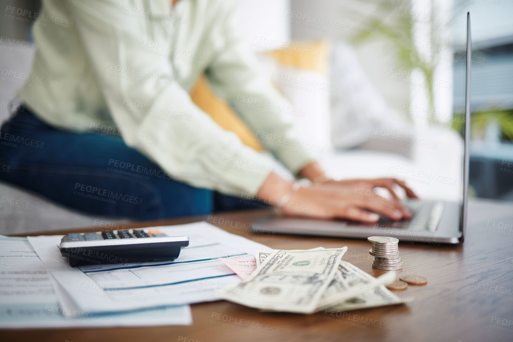 Buy stock photo Laptop, money and calculator with hands for home budget, financial planning and salary, rent cost or loan research. Person typing on computer and sofa with cash and documents, mortgage or bills 