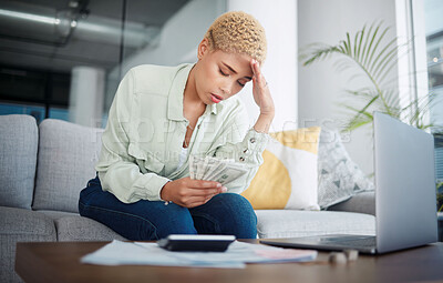 Buy stock photo Woman, headache and stress for money, home budget or income on sofa with inflation, rent or bills. African person with depression, sad or confused for laptop cash debt, loan payment or cost of living