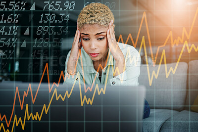 Buy stock photo Hologram, charts and woman with inflation, stress and stock market with headache, burnout and financial crisis. Person, trading or investor with overlay, laptop and economic crash with a migraine