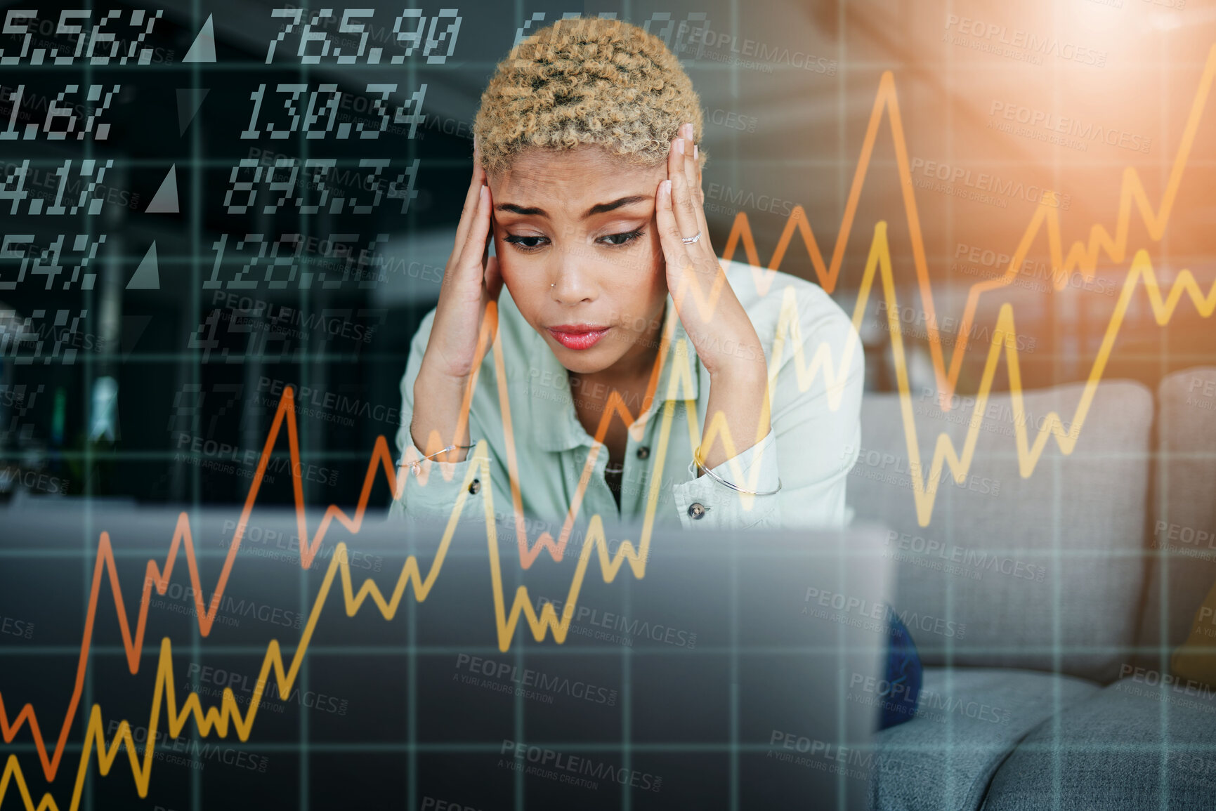 Buy stock photo Hologram, charts and woman with inflation, stress and stock market with headache, burnout and financial crisis. Person, trading or investor with overlay, laptop and economic crash with a migraine