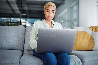 Buy stock photo Businesswoman, alone and laptop for communication at home for financial planning, reports or email. Young, female and entrepreneur for remote work with feedback on technology, internet and web