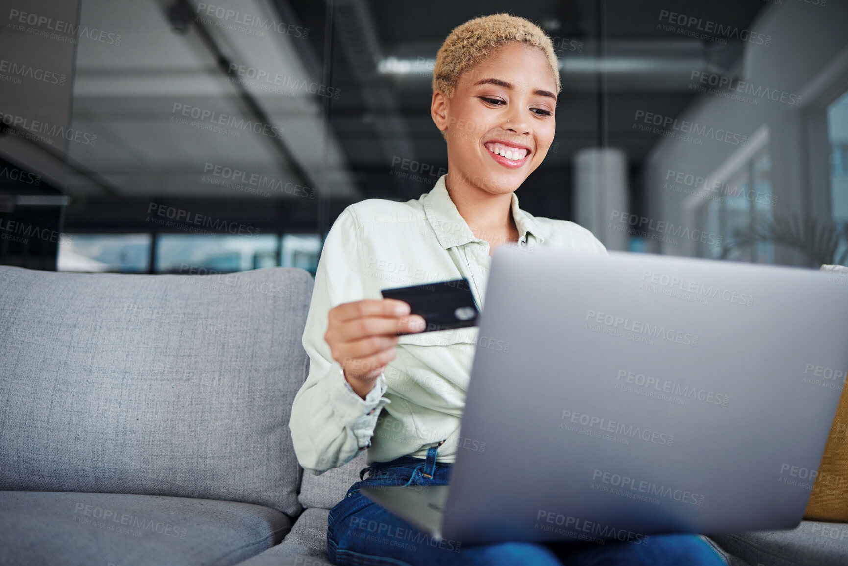 Buy stock photo Woman, laptop and credit card with e commerce and happy about discount on store website, payment and fintech. Finance, online shopping and internet banking success with customer experience at home