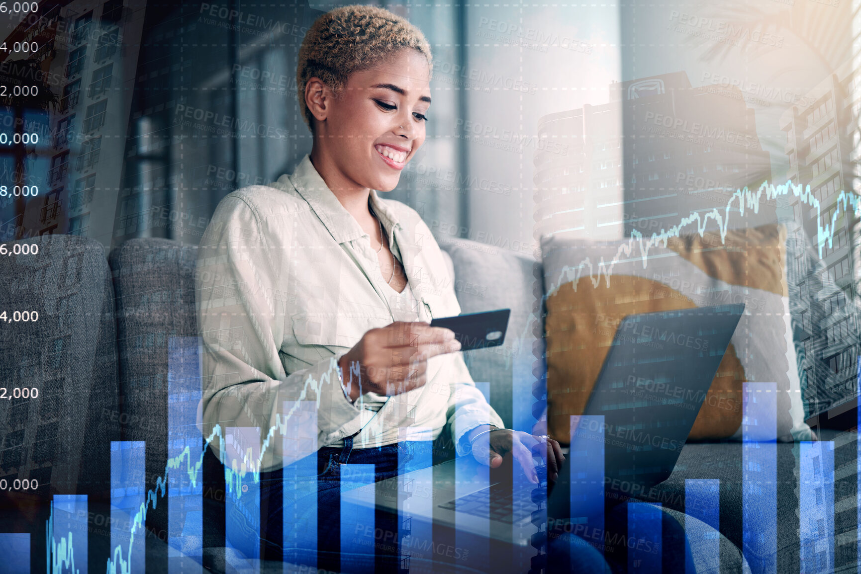 Buy stock photo Woman, laptop and home trading with credit card for stock market investment, graph overlay and finance or sales. African trader or entrepreneur on computer and sofa for banking with finance increase