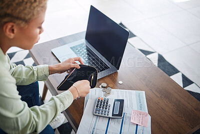 Buy stock photo Empty, wallet and finance with budget and bills, money management with laptop and calculator for tax paper. Financial plan, broke woman and info on documents, loan and investment or inflation at home