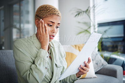 Buy stock photo Home, finance and woman with document, stress and shock with budget planning, debt and inflation. Person, paperwork or girl on a sofa, loan or review finances with accounting, frustrated and economy