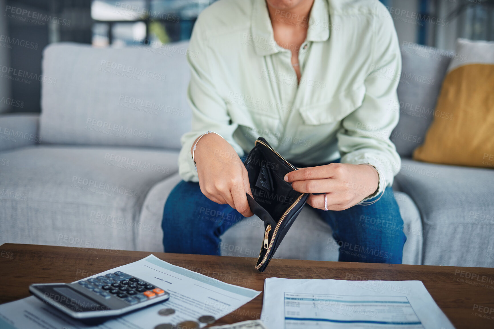 Buy stock photo Empty wallet, money or hands with a calculator, loan documents or purse for budget planning. Broke, inflation closeup or person with paperwork to check financial info with taxes in economy at home