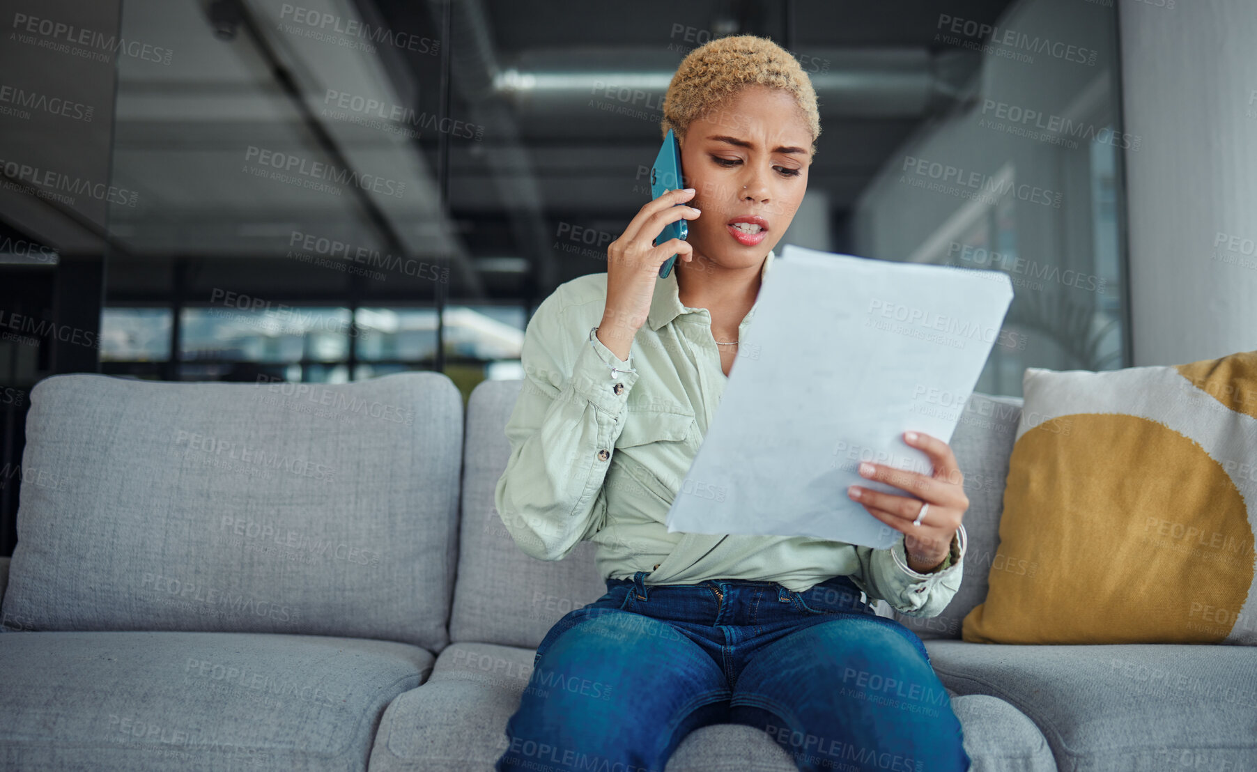 Buy stock photo Home, phone call and serious woman with documents, conversation and connection with network. Person, customer and girl with paperwork, angry or contact for discussion or communication of mobile user