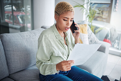 Buy stock photo Home, phone call and serious woman with paperwork, bills and connection with network and contact. Person, customer and girl with documents and upset with discussion, communication and planning