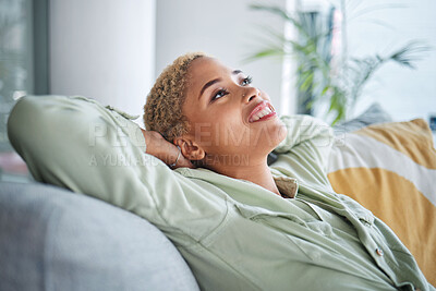 Buy stock photo Woman, relax and living room on a sofa with a smile and rest with thinking and happy memory. Home, female person and calm in a house with future dream and peace in a lounge with freelancer break