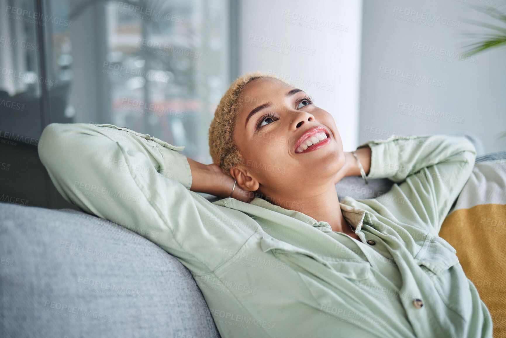 Buy stock photo Woman, relax and living room on a couch with a smile and rest with thinking and happy memory. Home, female person and calm in a house with future dream and peace in a lounge with freelancer break