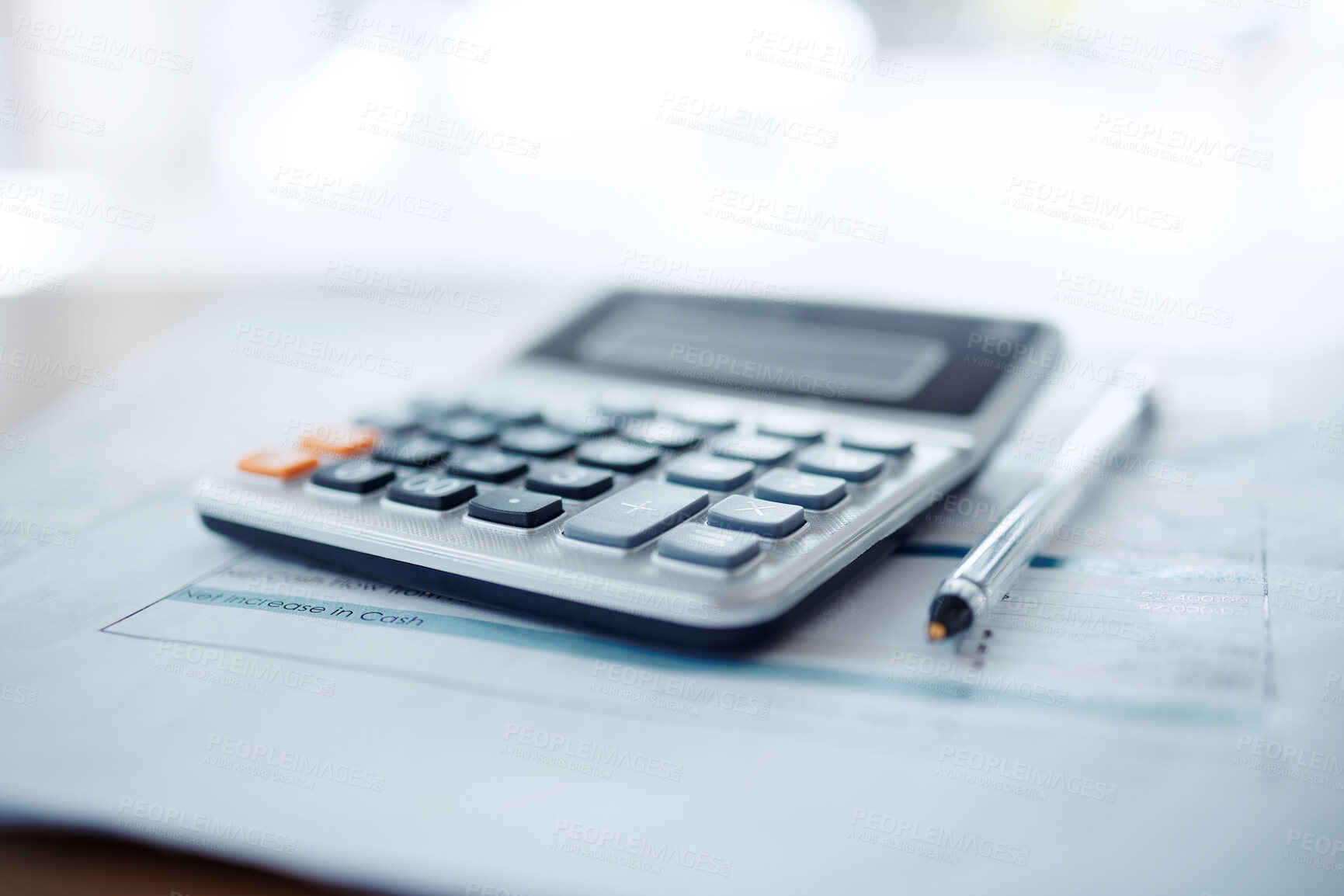 Buy stock photo Finance, budget planning or calculator with documents, loan application or investment info on table. Background, life insurance or pen with paperwork to review financial profile with taxes in economy