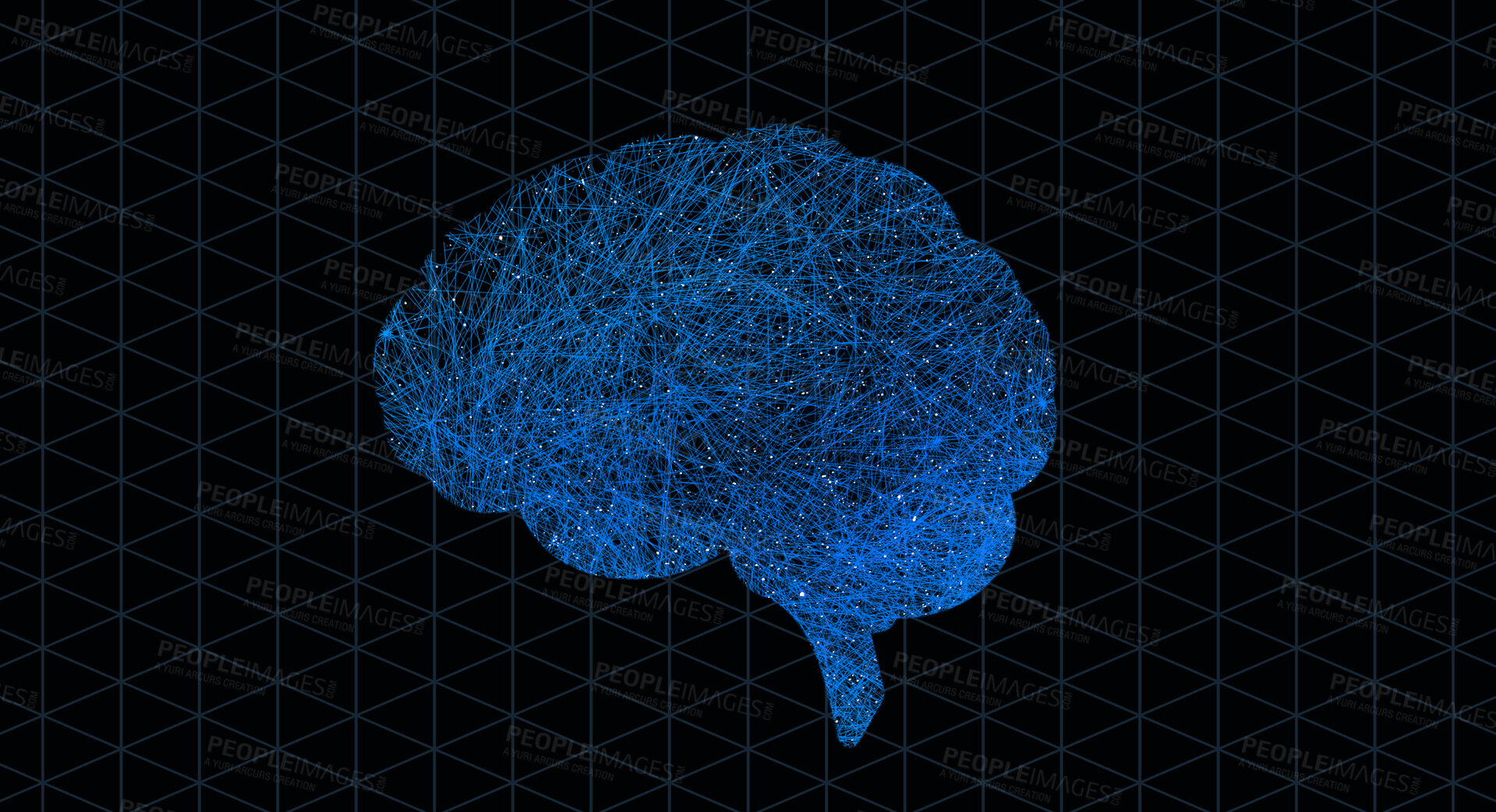 Buy stock photo Brain graphic, neuro pattern and digital illustration with science hologram and mind connections. Black background, art and neuroscience pathway of intelligence, circuit system and cerebral lines