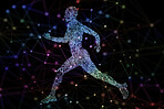 Graphics, illustration of man running and digital transformation, sports science and color on dark background. Technology abstract, fitness progress and cardio with geometric pattern, body and design