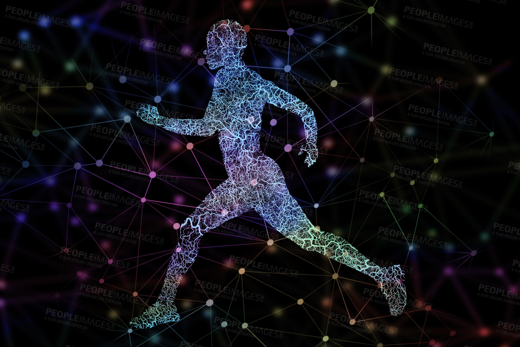 Buy stock photo Graphics, illustration of man running and digital transformation, sports science and color on dark background. Technology abstract, fitness progress and cardio with geometric pattern, body and design