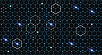 Blue hexagon, pattern and light on black background with dots, texture and digital matrix on cyber connection. Neon lighting, future technology and system information grid, boxes and dark wallpaper.