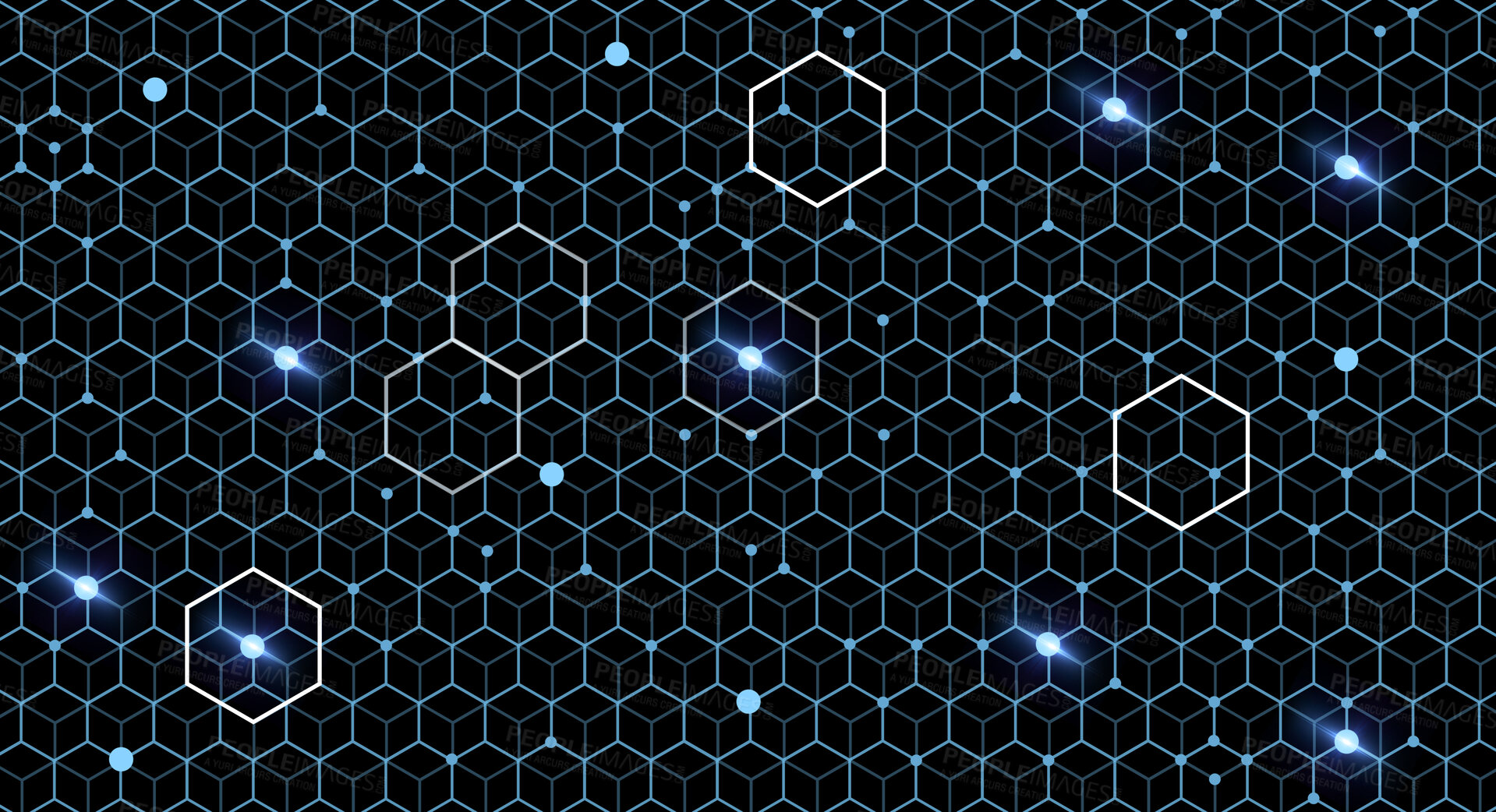 Buy stock photo Blue hexagon, pattern and light on black background with dots, texture and digital matrix on cyber connection. Neon lighting, future technology and system information grid, boxes and dark wallpaper.