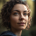 Natural, real person portrait and closeup of a woman, girl or female outside in nature or a forest. Artistic, edgy and cute or pretty face - AI generated