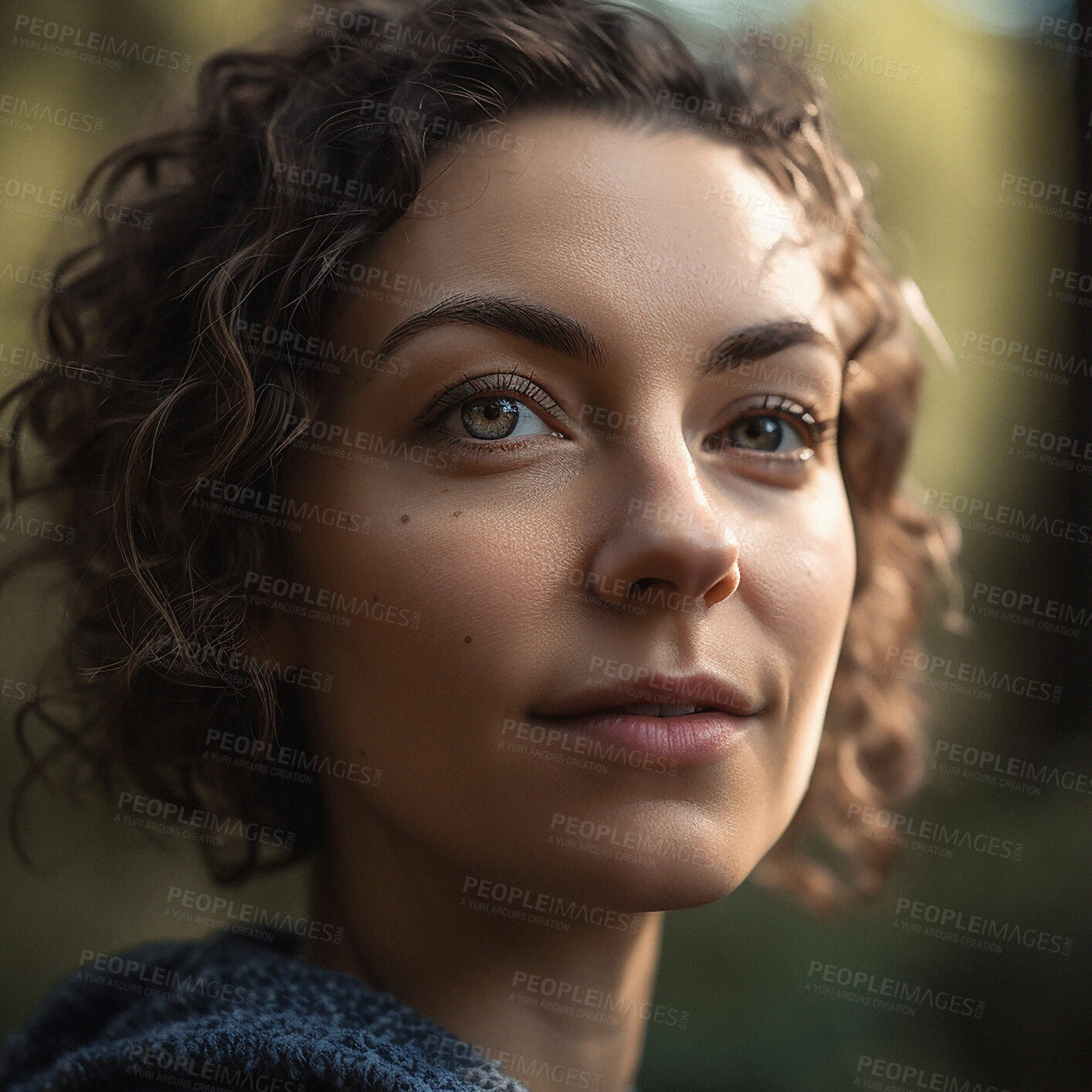 Buy stock photo Portrait, smile and nature, woman on forest walk and blurred background on outdoor hiking adventure. Trekking, insight and happiness, face of ai generated girl in woods on evening journey in Sweden. 