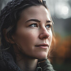 Natural, real person portrait and closeup of a woman, girl or female outside in nature or a forest. Artistic, edgy and cute or pretty face - AI generated