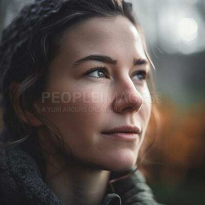 Buy stock photo Thinking, bokeh and face of woman in city on winter morning walk for memory, idea or reflection. Urban boho, insight and relax in thought, ai generated girl on outdoor adventure to remember or travel