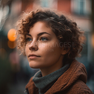 Buy stock photo Thinking, bokeh and face of person in city lights on winter evening walk for memory, idea or reflection. Urban, insight or ai generated woman in thought to relax on travel adventure in London street