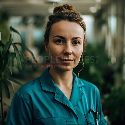 Buy stock photo Hospital woman, portrait and service nurse for healthcare support, nursing commitment or clinic job experience. Face, AI generated caregiver and medicine expert, surgeon or doctor for medical health