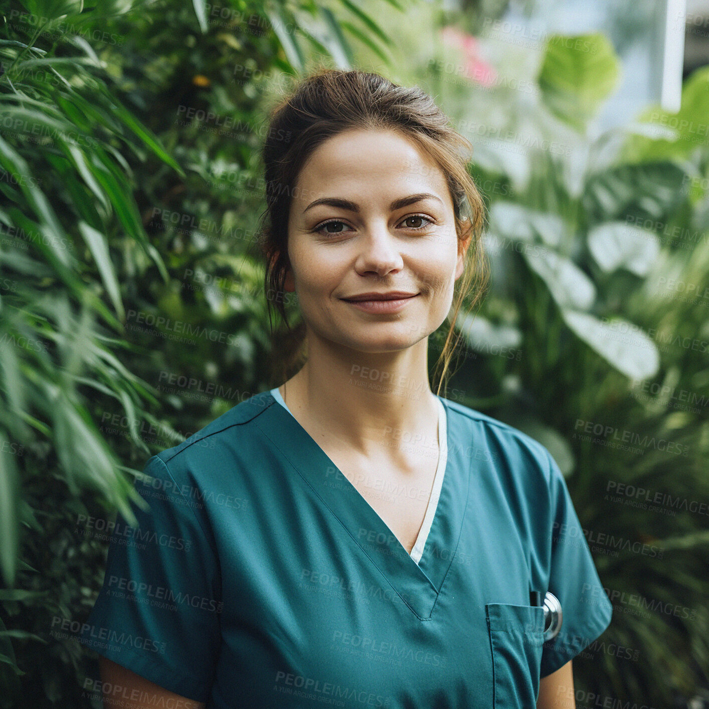 Buy stock photo Nurse, garden and portrait of woman as healthcare worker or physician with smile for outdoor medical health in nature. Medicine, wellness and ai generated with person and proud at hospital or clinic