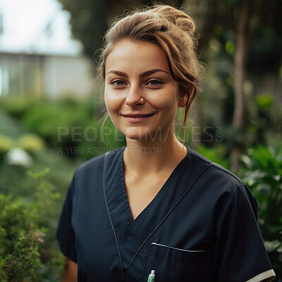 Buy stock photo Nurse, garden and portrait of healthcare woman or physician with smile for outdoor medical health in a garden. Medicine, wellness and ai generated with employee happy and proud at hospital or clinic